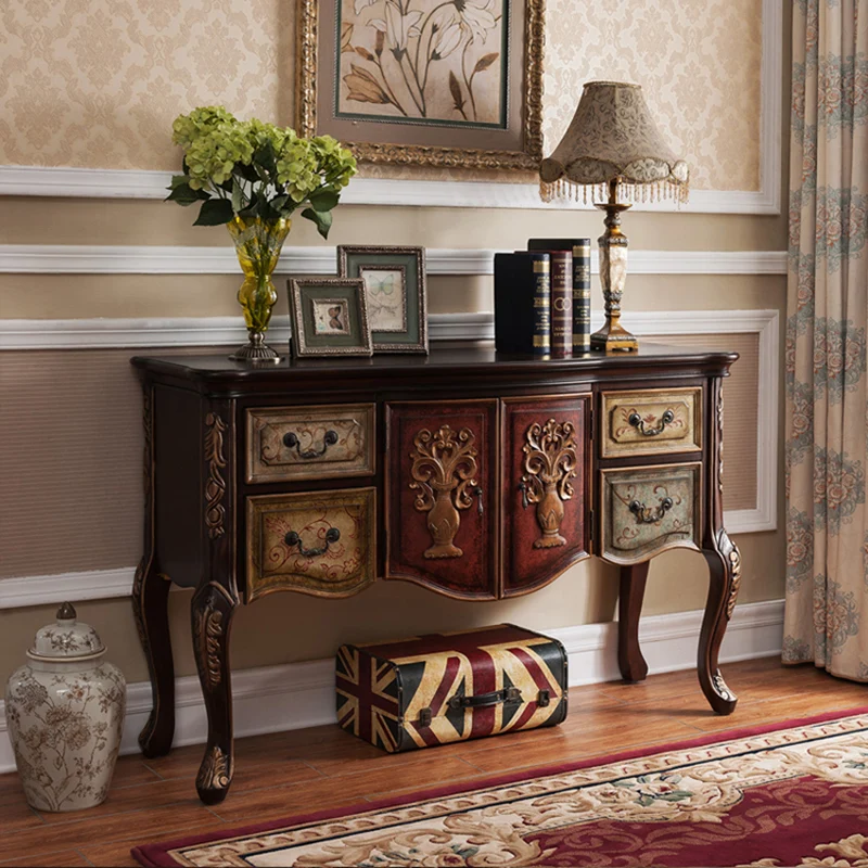 Traditional Vintage Rubberwood Rectangular Console Table With 4 Drawers And Cabinet For Entryway, Living Room, Bedroom