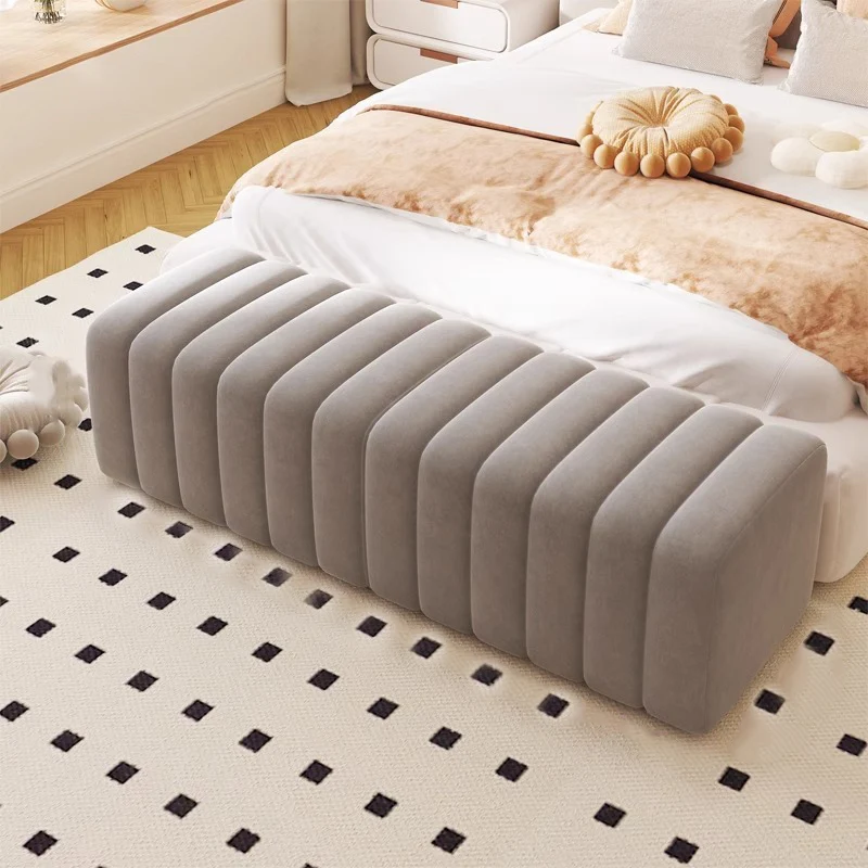Contemporary Nordic Wood And Velvet Rectangular Bench Chair For Entryway Bedroom Living Room