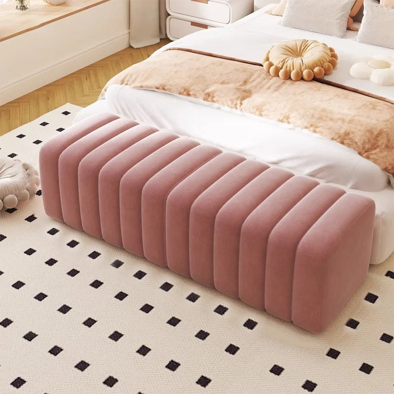 Contemporary Nordic Wood And Velvet Rectangular Bench Chair For Entryway Bedroom Living Room