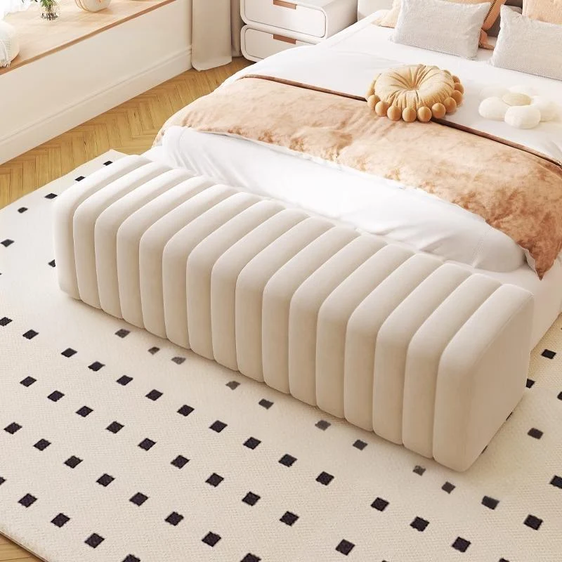 Contemporary Nordic Wood And Velvet Rectangular Bench Chair For Entryway Bedroom Living Room
