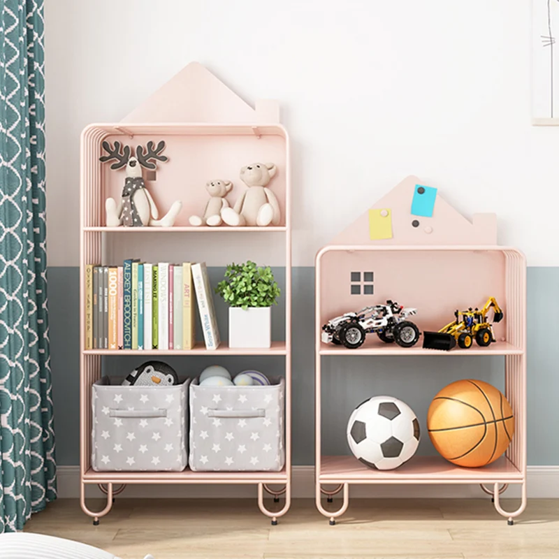 Modern Minimalist Large Capacity House Shape Iron Kids Floor-Standing Bookshelf 2/3-Shelf For Study