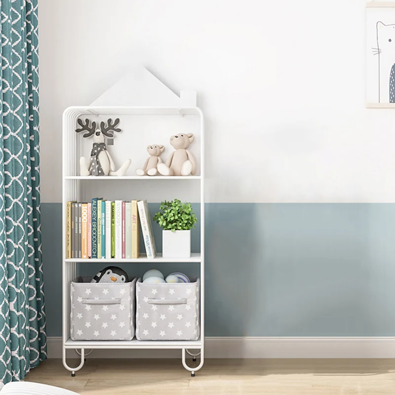 Modern Minimalist Large Capacity House Shape Iron Kids Floor-Standing Bookshelf 2/3-Shelf For Study