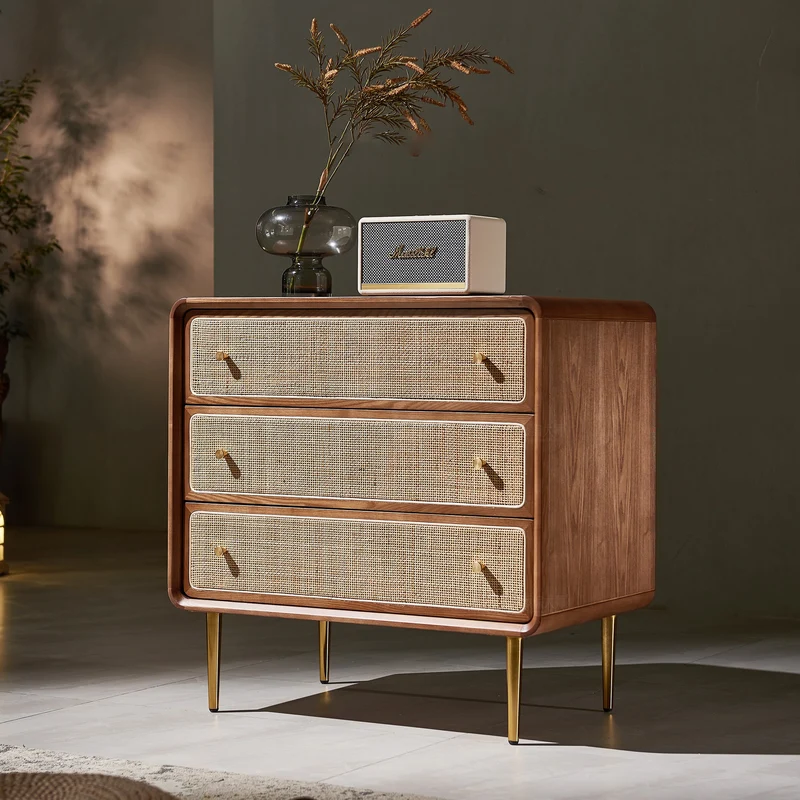 Contemporary Scandinavian Large Capacity Rectangular Ash Wood Solid Wood Multi-Layer Board Rattan Weaving Storage Cabinet 3-Drawer For Bedroom