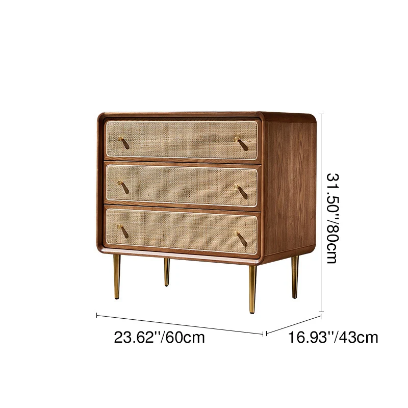 Contemporary Scandinavian Large Capacity Rectangular Ash Wood Solid Wood Multi-Layer Board Rattan Weaving Storage Cabinet 3-Drawer For Bedroom
