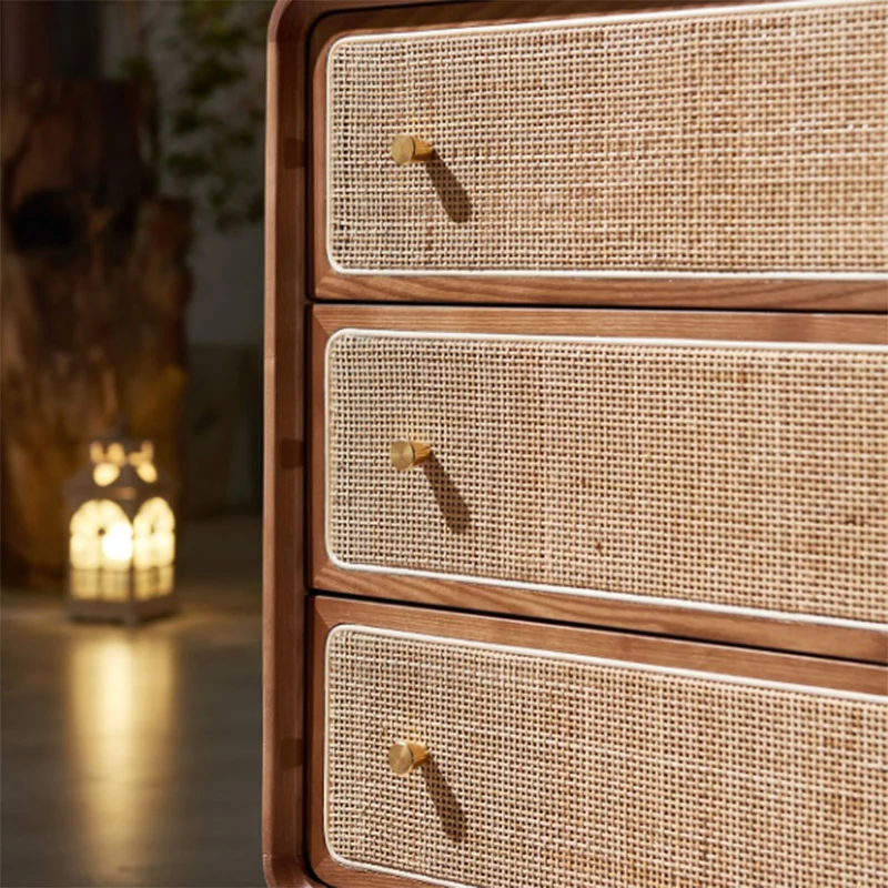 Contemporary Scandinavian Large Capacity Rectangular Ash Wood Solid Wood Multi-Layer Board Rattan Weaving Storage Cabinet 3-Drawer For Bedroom