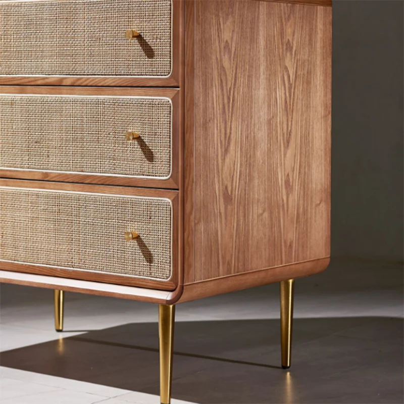 Contemporary Scandinavian Large Capacity Rectangular Ash Wood Solid Wood Multi-Layer Board Rattan Weaving Storage Cabinet 3-Drawer For Bedroom