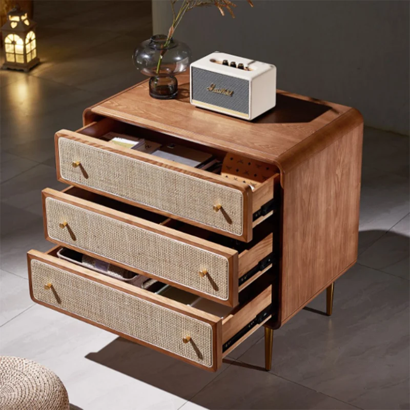 Contemporary Scandinavian Large Capacity Rectangular Ash Wood Solid Wood Multi-Layer Board Rattan Weaving Storage Cabinet 3-Drawer For Bedroom