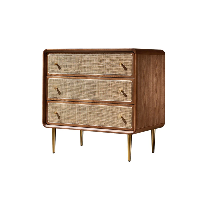 Contemporary Scandinavian Large Capacity Rectangular Ash Wood Solid Wood Multi-Layer Board Rattan Weaving Storage Cabinet 3-Drawer For Bedroom