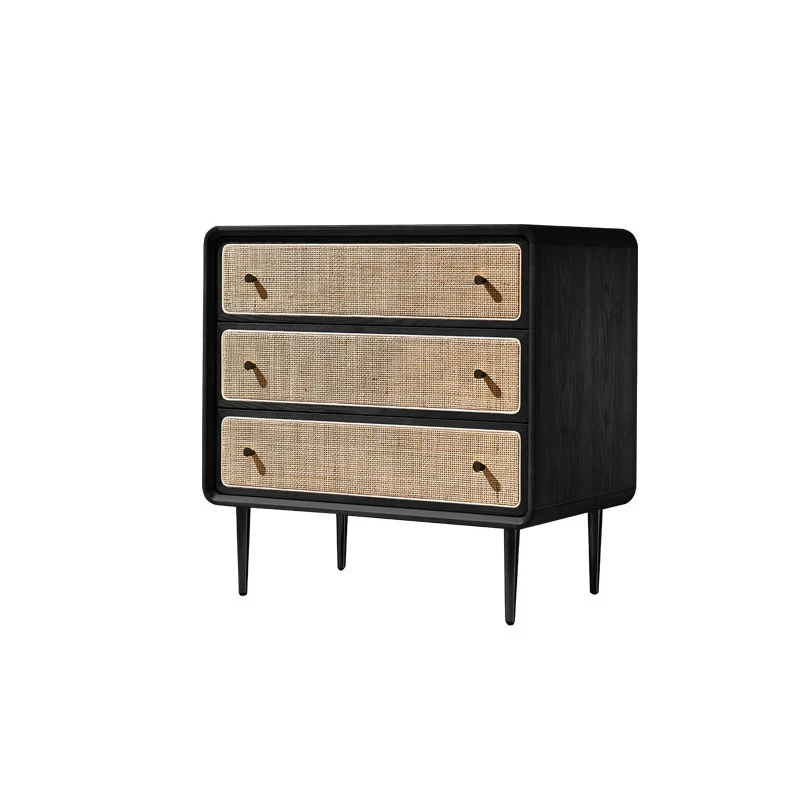 Contemporary Scandinavian Large Capacity Rectangular Ash Wood Solid Wood Multi-Layer Board Rattan Weaving Storage Cabinet 3-Drawer For Bedroom