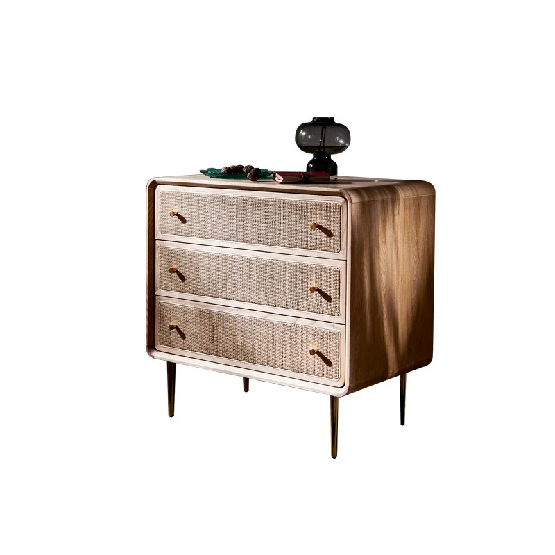 Contemporary Scandinavian Large Capacity Rectangular Ash Wood Solid Wood Multi-Layer Board Rattan Weaving Storage Cabinet 3-Drawer For Bedroom