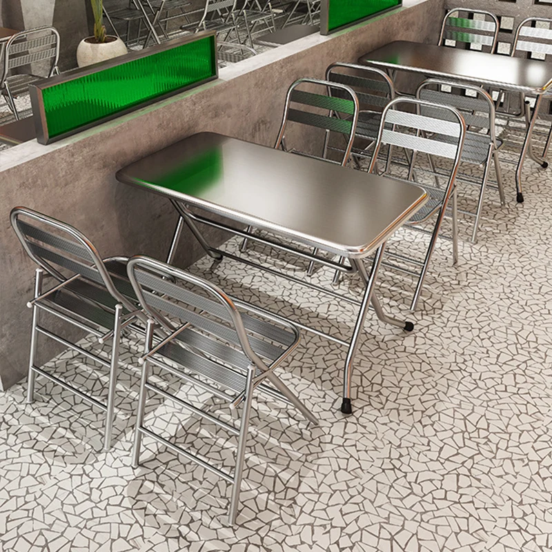 Contemporary Industrial Double-Layer Stainless Steel Rectangular Folding Dining Table & Chair Set For Restaurant