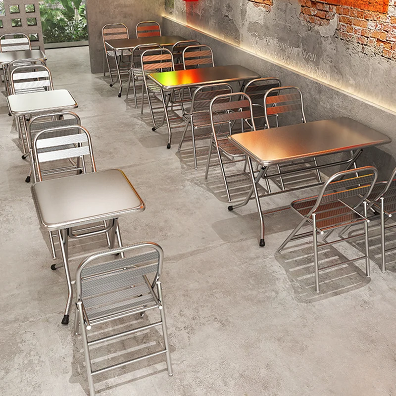 Contemporary Industrial Double-Layer Stainless Steel Rectangular Folding Dining Table & Chair Set For Restaurant