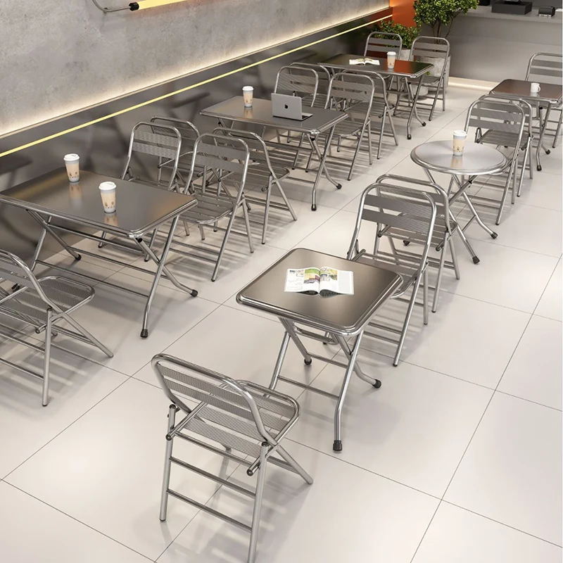 Contemporary Industrial Double-Layer Stainless Steel Rectangular Folding Dining Table & Chair Set For Restaurant