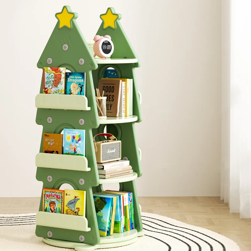 Contemporary Creative Christmas Tree-Shaped Eco-Friendly HDPE Rotatable Bookshelves 4-Tier For Home Office