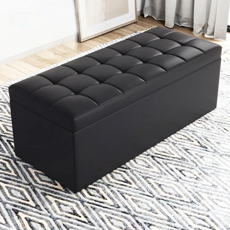 Modern Minimalist Rectangular PU Leather Faux Wood Panel Storage Bench For Living Room