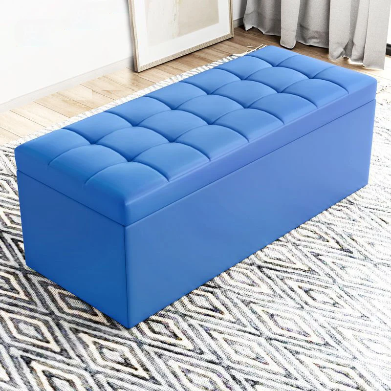 Modern Minimalist Rectangular PU Leather Faux Wood Panel Storage Bench For Living Room