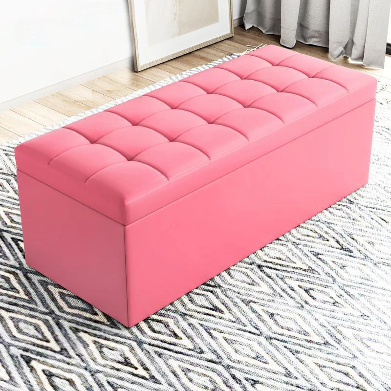 Modern Minimalist Rectangular PU Leather Faux Wood Panel Storage Bench For Living Room