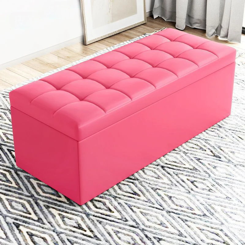 Modern Minimalist Rectangular PU Leather Faux Wood Panel Storage Bench For Living Room