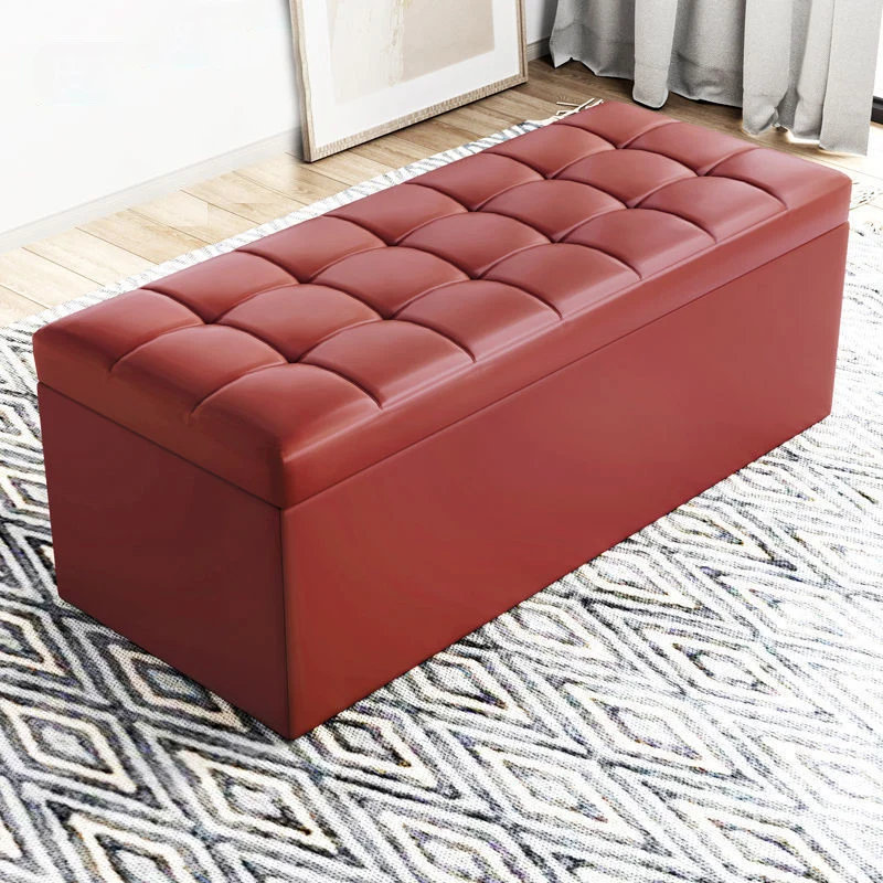 Modern Minimalist Rectangular PU Leather Faux Wood Panel Storage Bench For Living Room