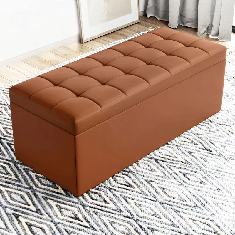 Modern Minimalist Rectangular PU Leather Faux Wood Panel Storage Bench For Living Room