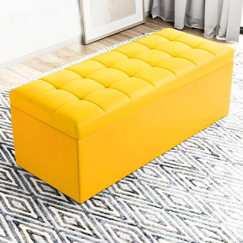 Modern Minimalist Rectangular PU Leather Faux Wood Panel Storage Bench For Living Room