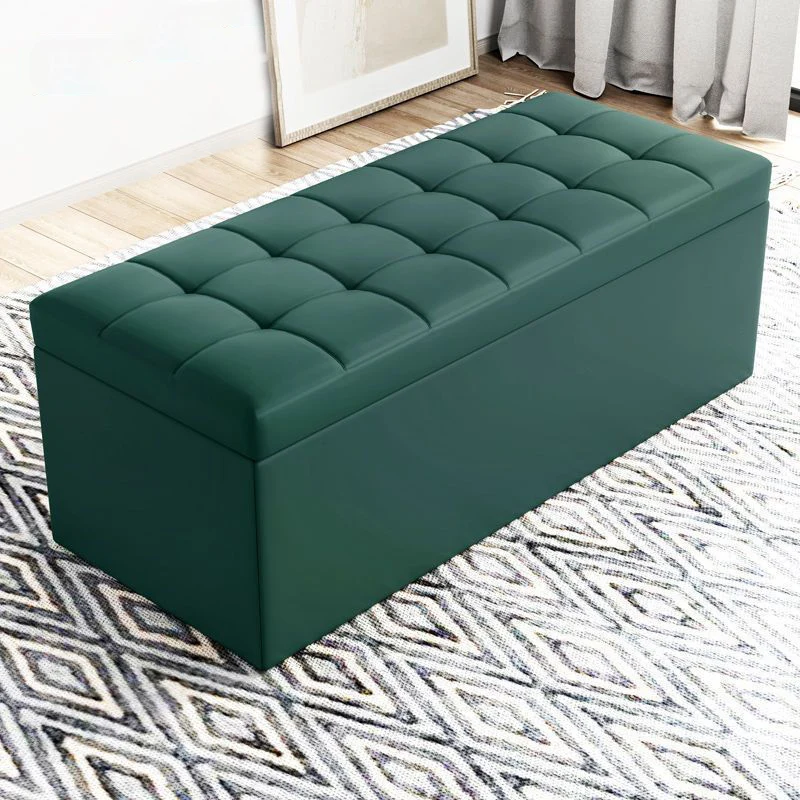 Modern Minimalist Rectangular PU Leather Faux Wood Panel Storage Bench For Living Room