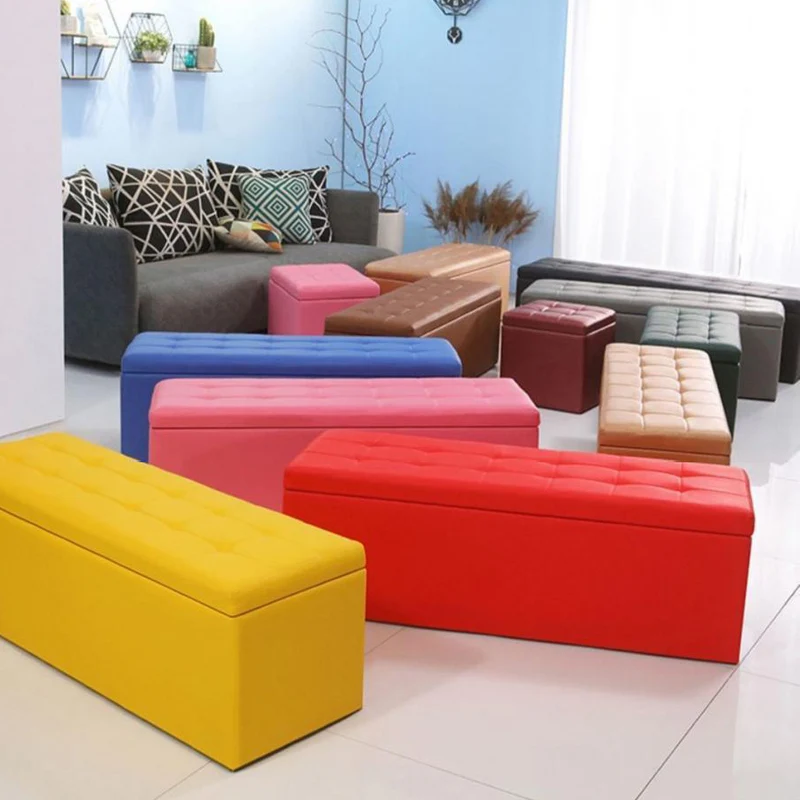 Modern Minimalist Rectangular PU Leather Faux Wood Panel Storage Bench For Living Room