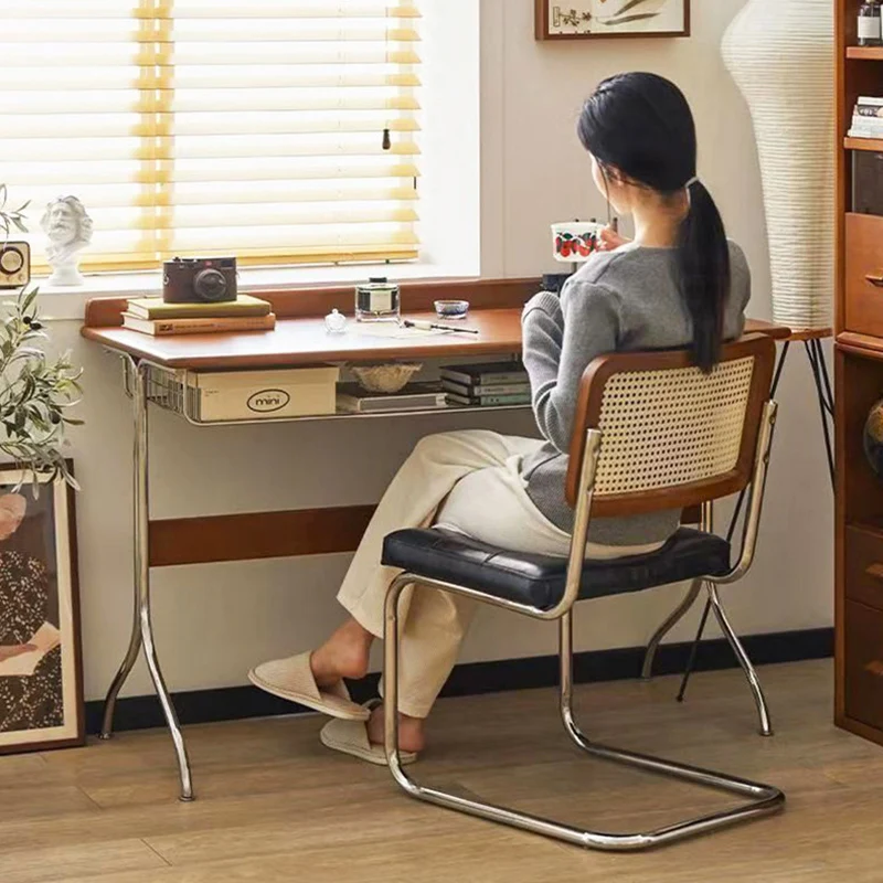 Traditional Vintage Rectangular Rubberwood Stainless Steel Desks 1-Drawer For Home Office