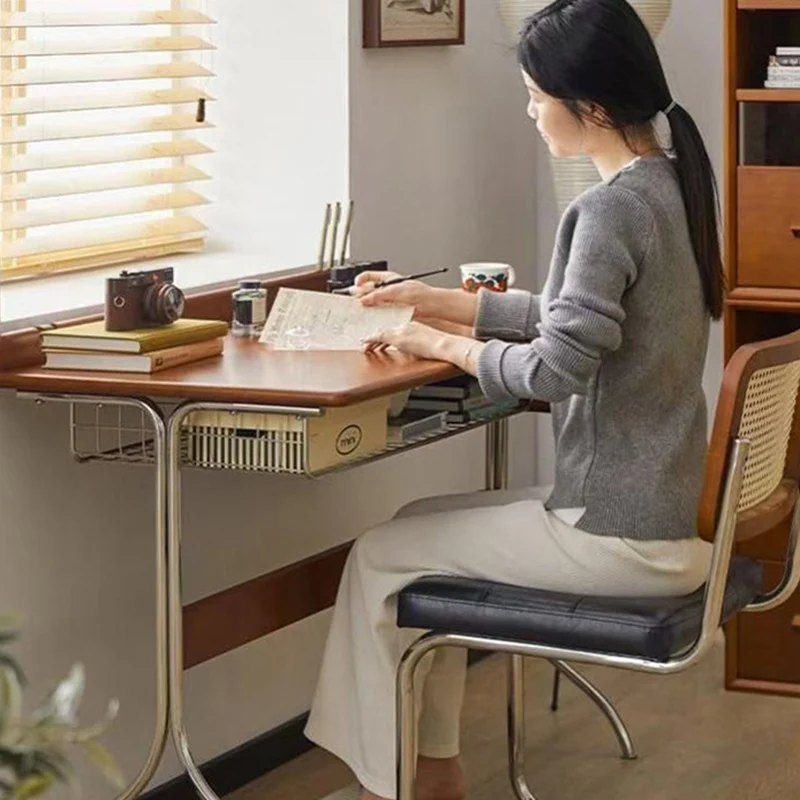 Traditional Vintage Rectangular Rubberwood Stainless Steel Desks 1-Drawer For Home Office