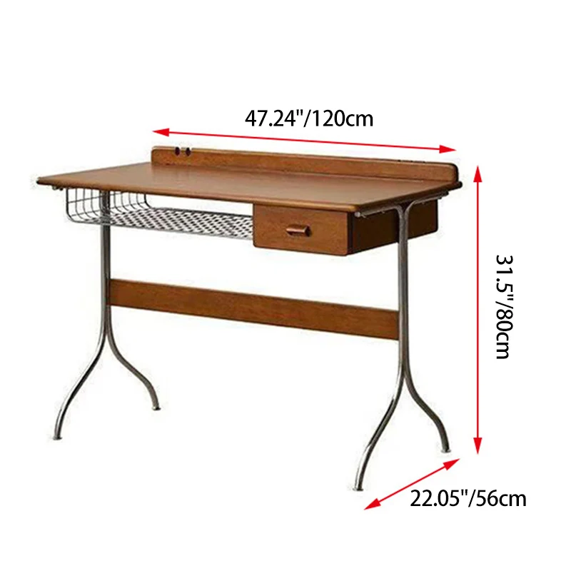 Traditional Vintage Rectangular Rubberwood Stainless Steel Desks 1-Drawer For Home Office