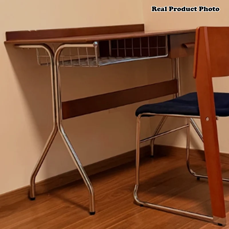 Traditional Vintage Rectangular Rubberwood Stainless Steel Desks 1-Drawer For Home Office