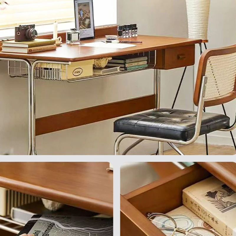 Traditional Vintage Rectangular Rubberwood Stainless Steel Desks 1-Drawer For Home Office