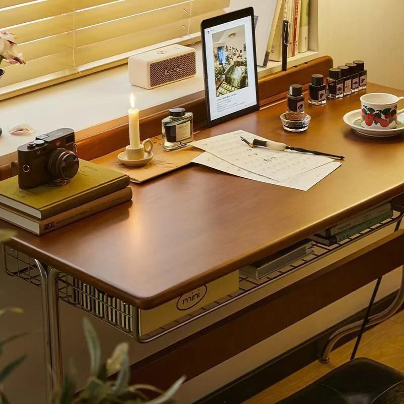 Traditional Vintage Rectangular Rubberwood Stainless Steel Desks 1-Drawer For Home Office