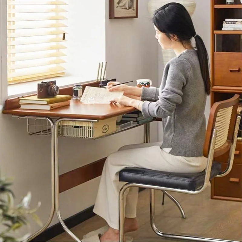 Traditional Vintage Rectangular Rubberwood Stainless Steel Desks 1-Drawer For Home Office