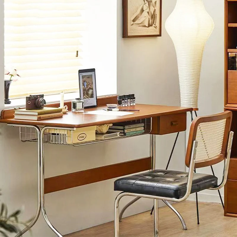Traditional Vintage Rectangular Rubberwood Stainless Steel Desks 1-Drawer For Home Office