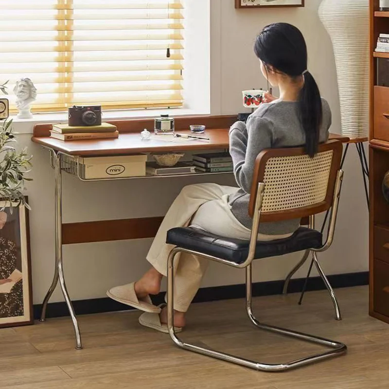 Traditional Vintage Rectangular Rubberwood Stainless Steel Desks 1-Drawer For Home Office