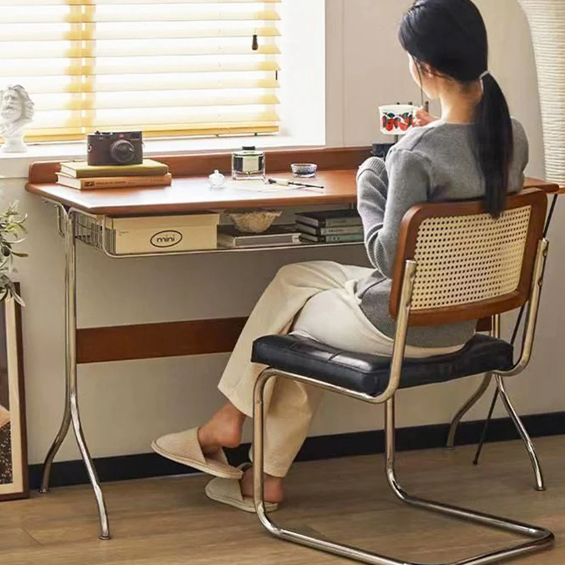 Traditional Vintage Rectangular Rubberwood Stainless Steel Desks 1-Drawer For Home Office