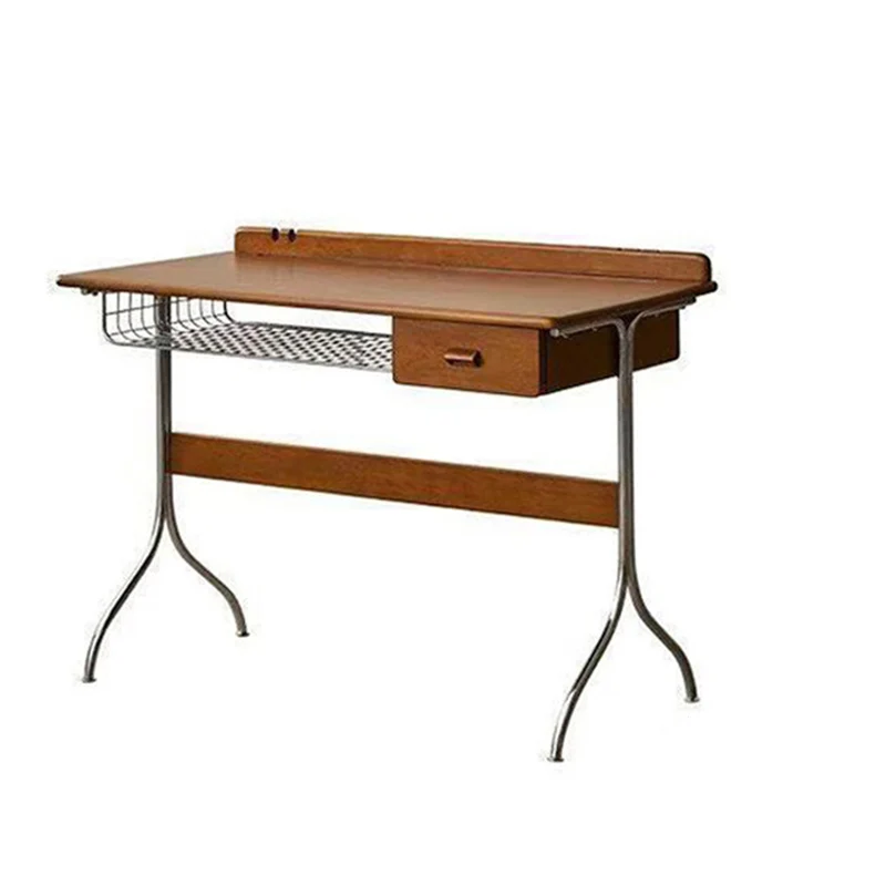 Traditional Vintage Rectangular Rubberwood Stainless Steel Desks 1-Drawer For Home Office