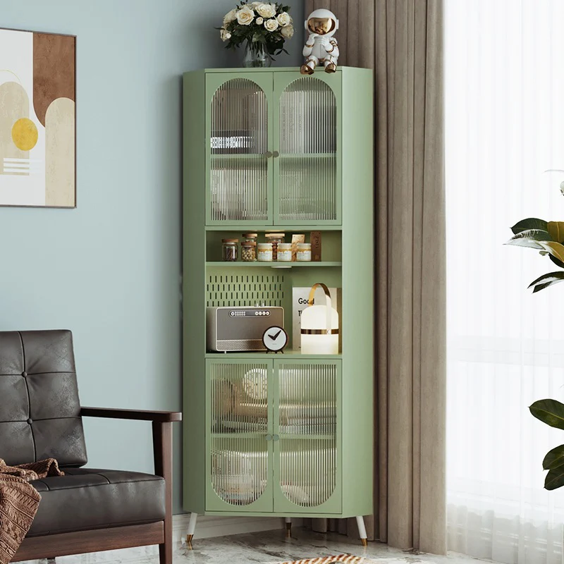 Contemporary Scandinavian Triangular Cold-Rolled Steel Tempered Glass Corner Cabinet 2-Cabinet 2-Tier For Living Room