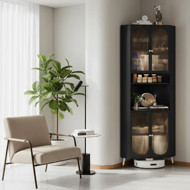Contemporary Scandinavian Triangular Cold-Rolled Steel Tempered Glass Corner Cabinet 2-Cabinet 2-Tier For Living Room