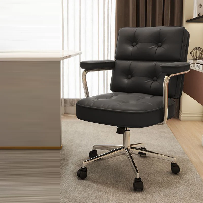 Modern Mid-Century Tufted Faux Leather Carbon Steel Upholstered Five-Spoke Caster Base Desk Chair Armrest For Home Office