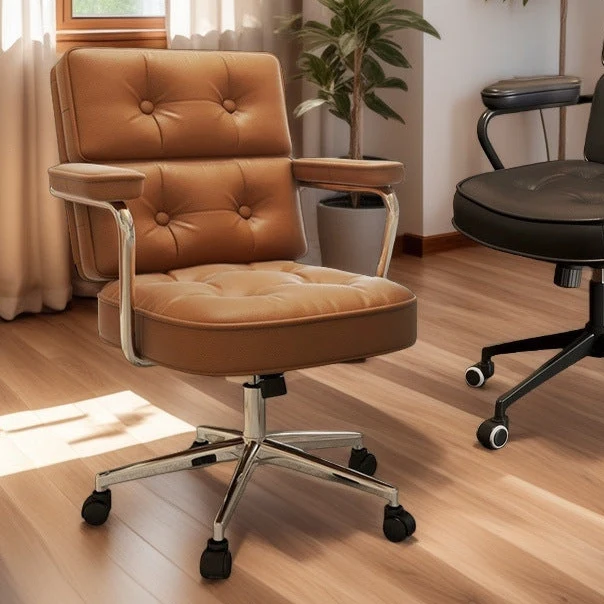 Modern Mid-Century Tufted Faux Leather Carbon Steel Upholstered Five-Spoke Caster Base Desk Chair Armrest For Home Office