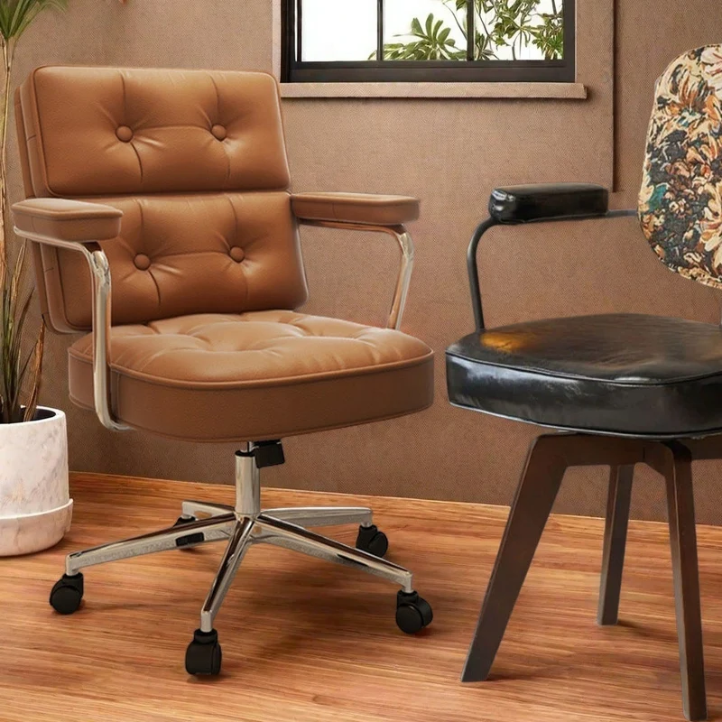 Modern Mid-Century Tufted Faux Leather Carbon Steel Upholstered Five-Spoke Caster Base Desk Chair Armrest For Home Office