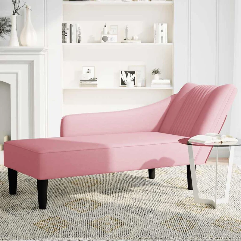Chaise-longue com apoio de braço direito veludo rosa