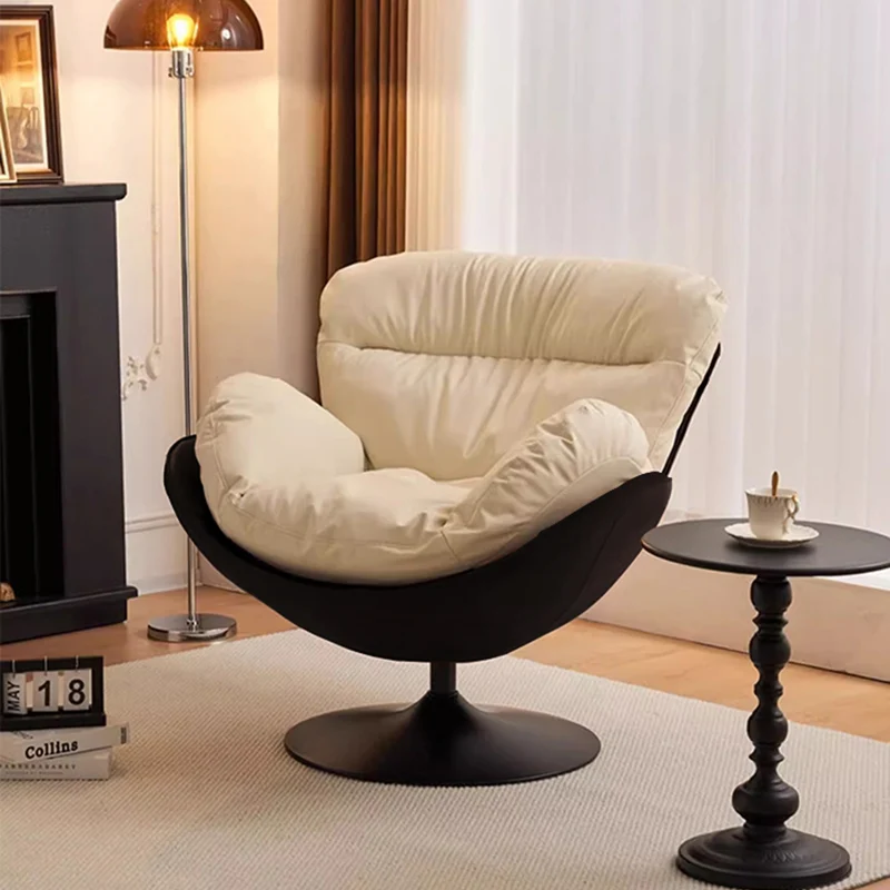 Contemporary Nordic Cat-Scratch Leather Carbon Steel Curved Round-Base Swivel Lounge Chair With Backrest For Living Room