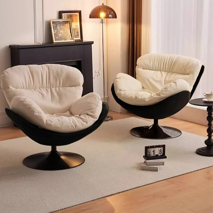 Contemporary Nordic Cat-Scratch Leather Carbon Steel Curved Round-Base Swivel Lounge Chair With Backrest For Living Room