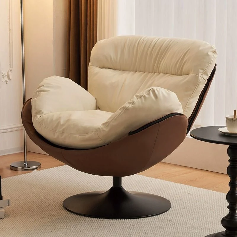 Contemporary Nordic Cat-Scratch Leather Carbon Steel Curved Round-Base Swivel Lounge Chair With Backrest For Living Room