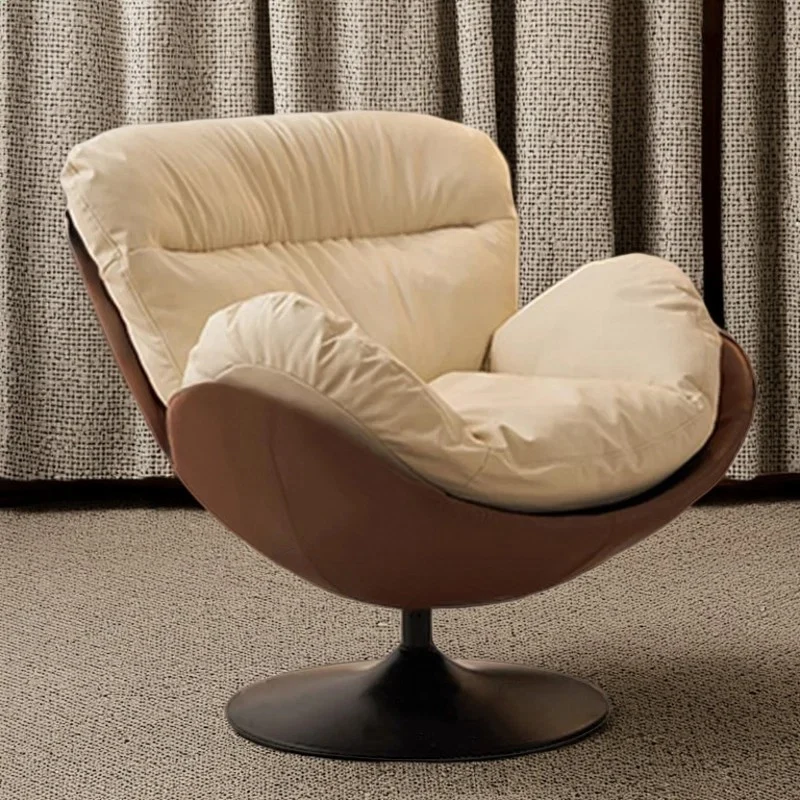 Contemporary Nordic Cat-Scratch Leather Carbon Steel Curved Round-Base Swivel Lounge Chair With Backrest For Living Room