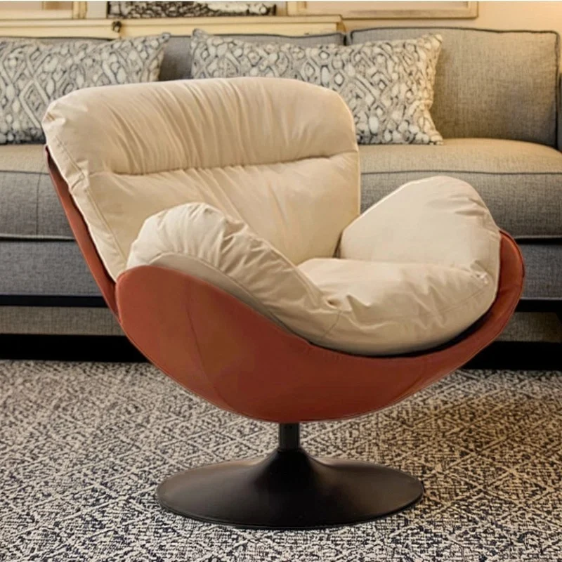 Contemporary Nordic Cat-Scratch Leather Carbon Steel Curved Round-Base Swivel Lounge Chair With Backrest For Living Room