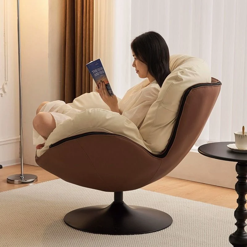 Contemporary Nordic Cat-Scratch Leather Carbon Steel Curved Round-Base Swivel Lounge Chair With Backrest For Living Room